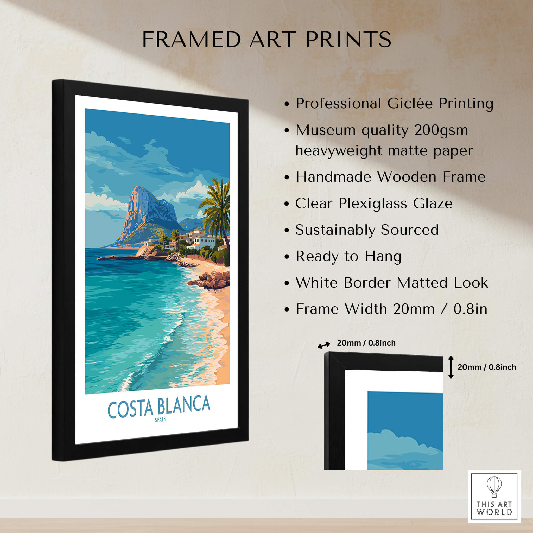Costa Blanca Poster - Spain Wall Art in a framed print showcasing coastal landscapes and vibrant colors.