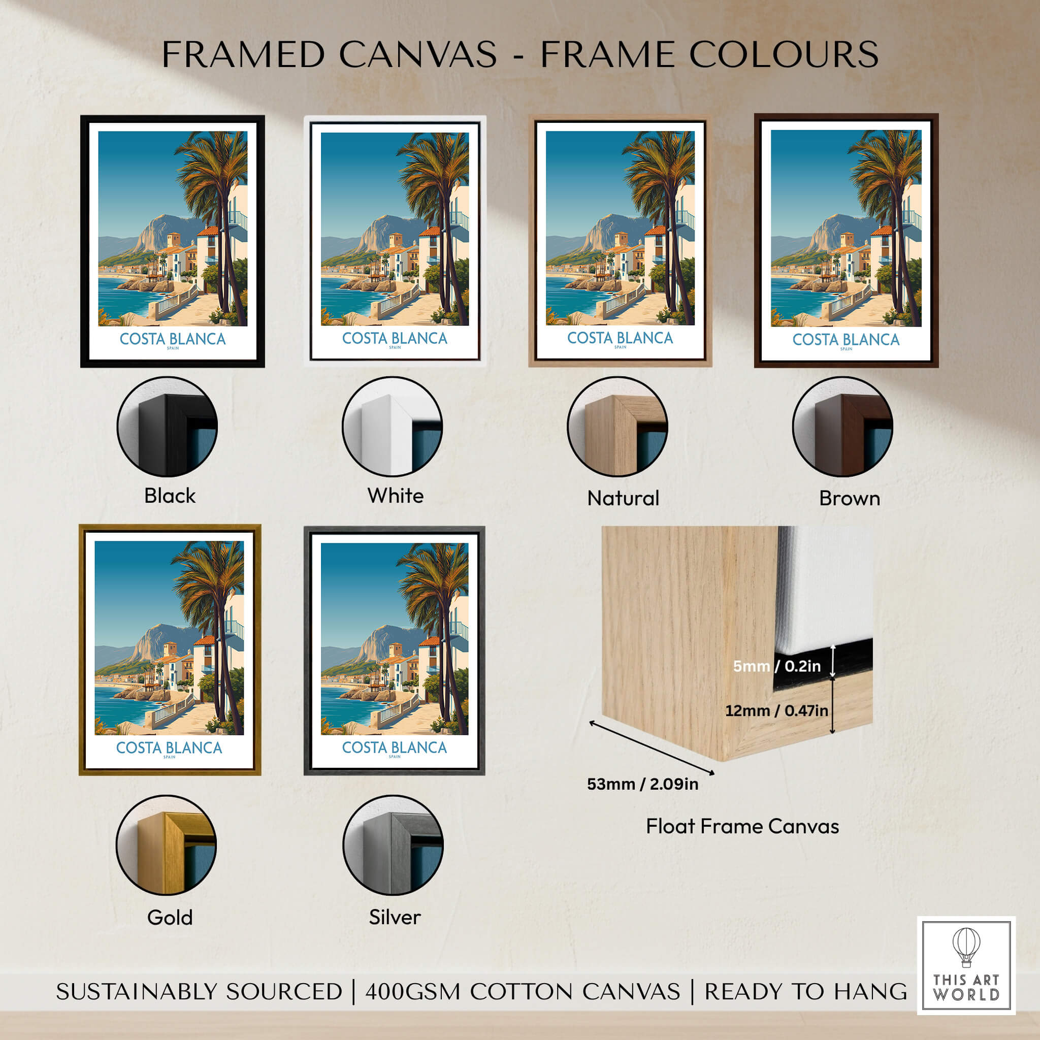 Framed canvas options for Costa Blanca Wall Art - Canvas Poster Spain showcasing various frame colors.