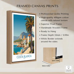 Costa Blanca Wall Art - Canvas Poster Spain displayed in a wooden frame with professional giclée printing and ready to hang.