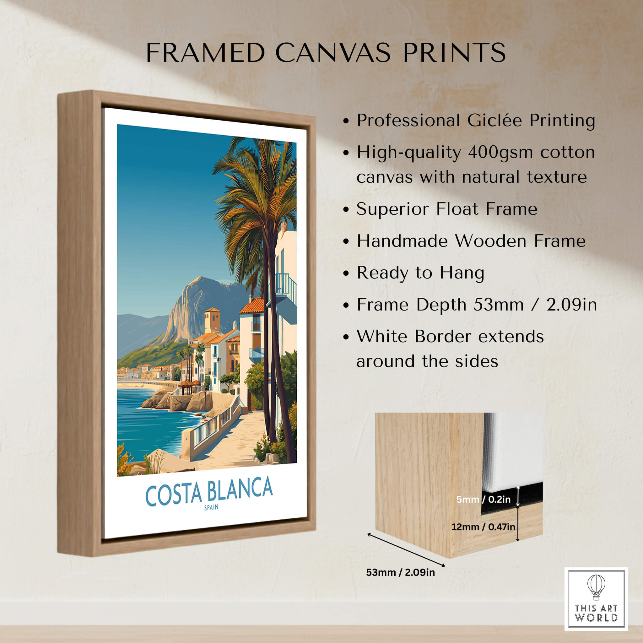 Costa Blanca Wall Art - Canvas Poster Spain displayed in a wooden frame with professional giclée printing and ready to hang.
