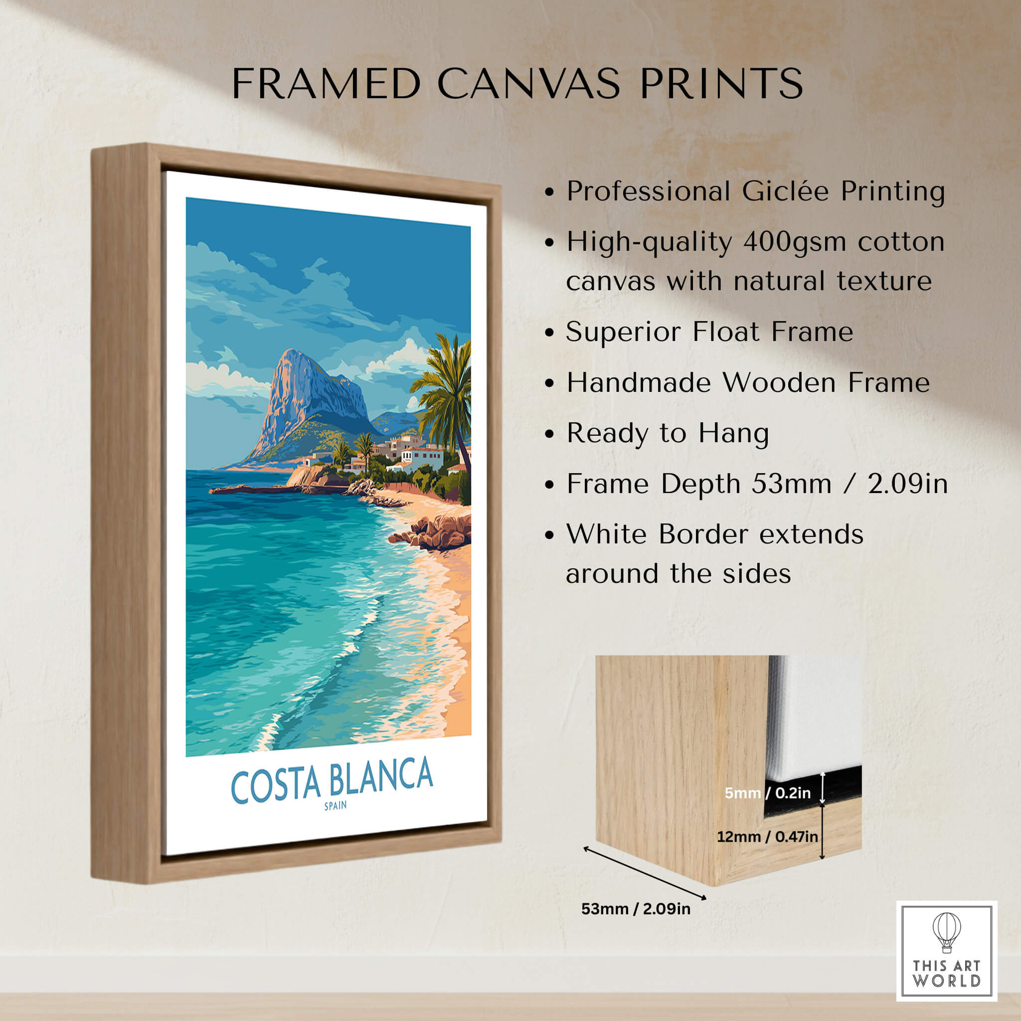 Costa Blanca Poster - Spain Wall Art displayed in a stylish frame showcasing vibrant coastal landscape.
