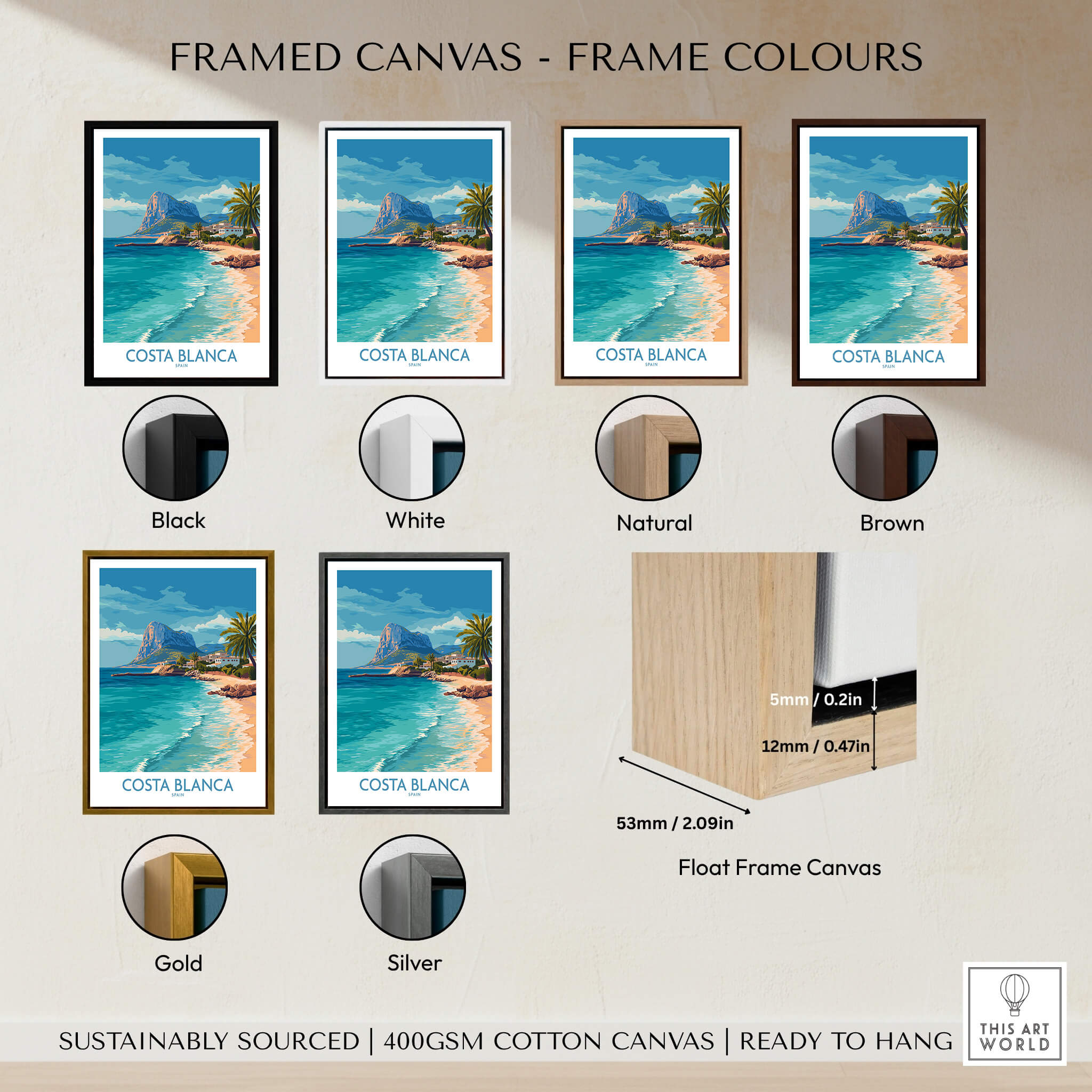 Costa Blanca Poster - Spain Wall Art showcasing framed canvas options in various colors and finishes.