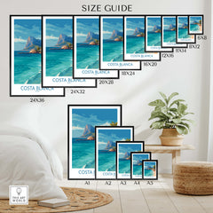 Costa Blanca Poster - Spain Wall Art size guide showing various frame sizes and options for coastal landscape print.