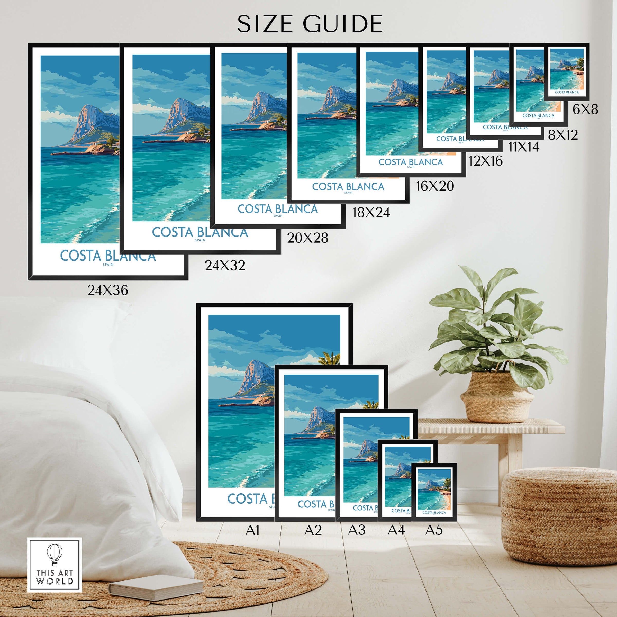 Costa Blanca Poster - Spain Wall Art size guide showing various frame sizes and options for coastal landscape print.