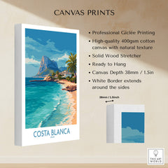 Costa Blanca Poster - Spain Wall Art featuring coastal landscapes and palm trees, printed on high-quality canvas.