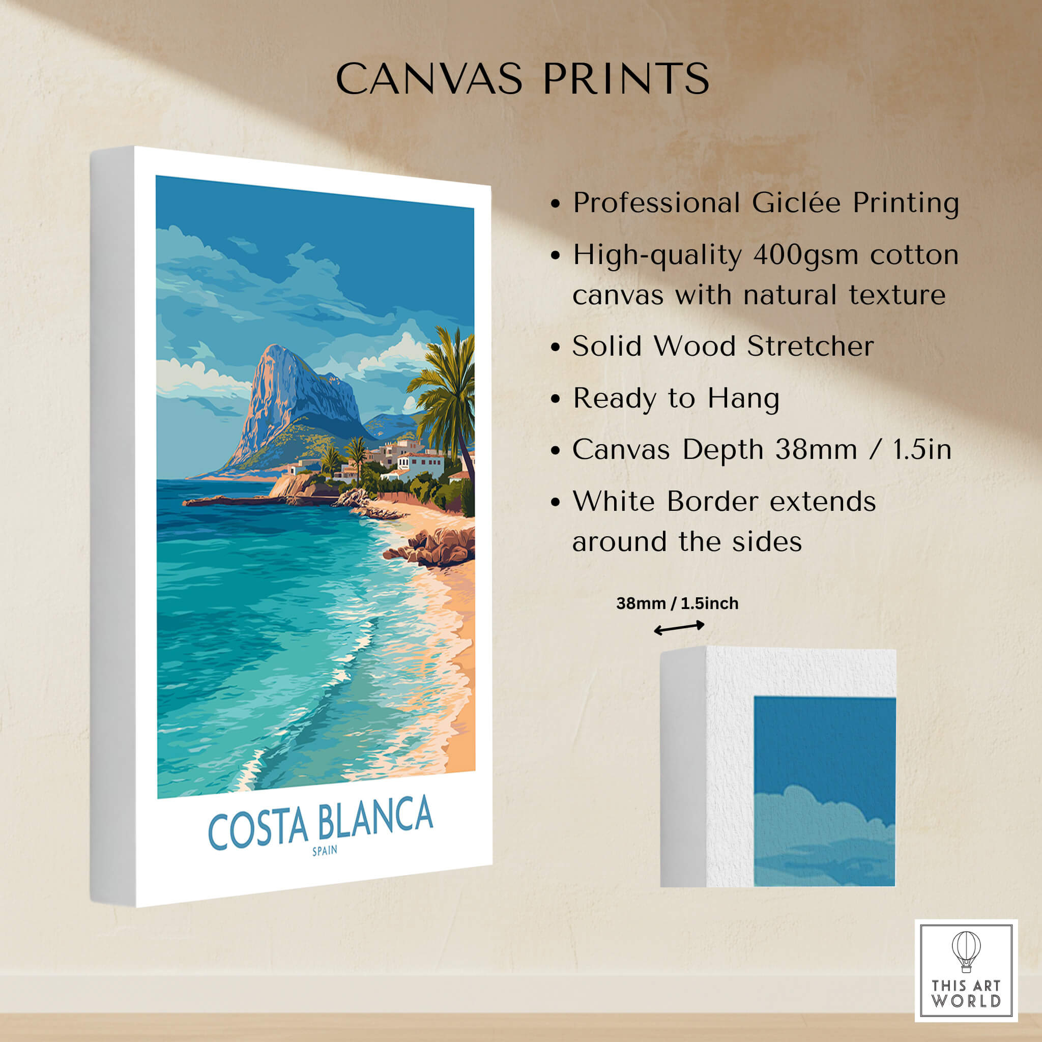 Costa Blanca Poster - Spain Wall Art featuring coastal landscapes and palm trees, printed on high-quality canvas.