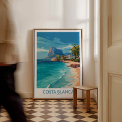 Costa Blanca Poster - Spain Wall Art showcasing coastal views and palm trees in a stylish interior setting.