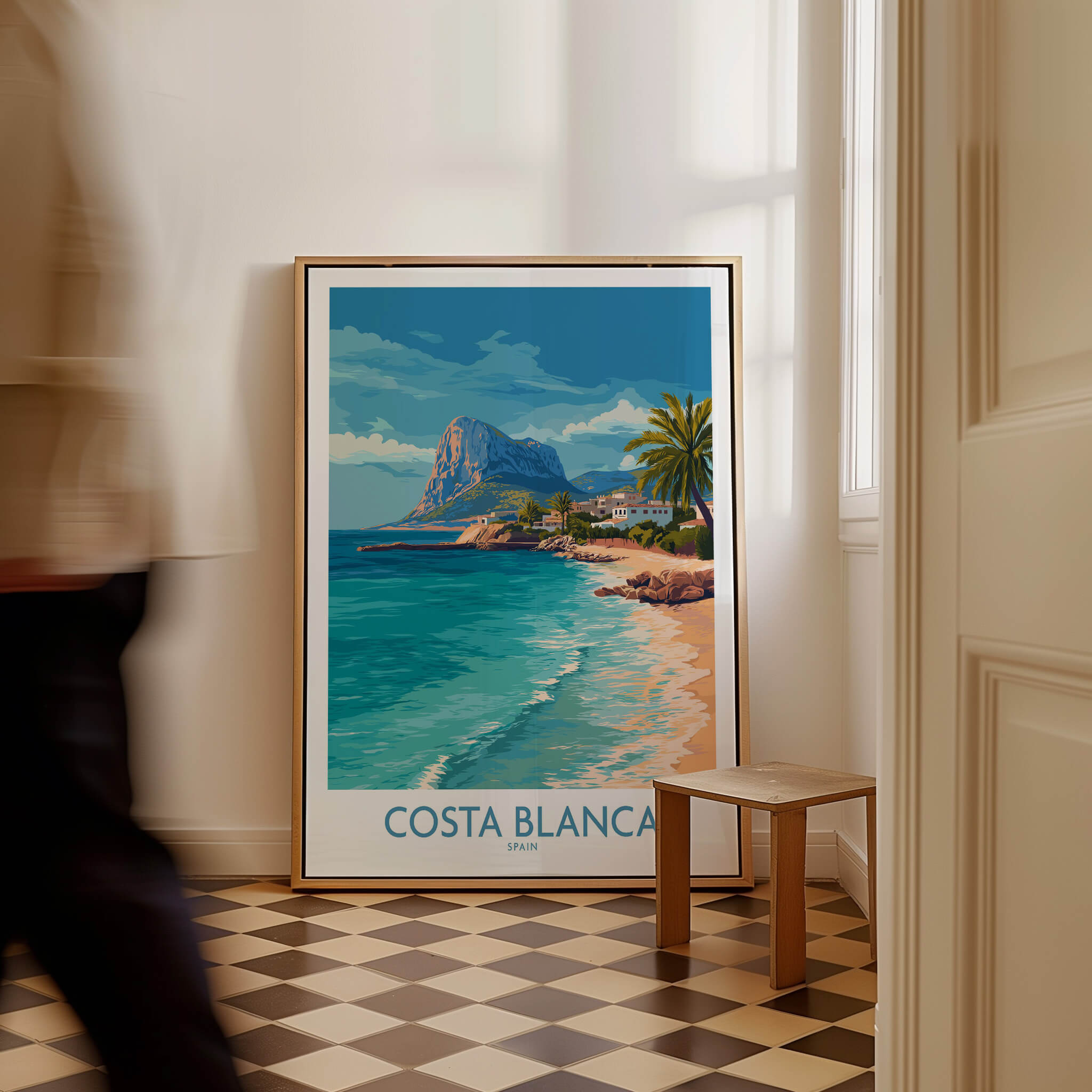 Costa Blanca Poster - Spain Wall Art showcasing coastal views and palm trees in a stylish interior setting.