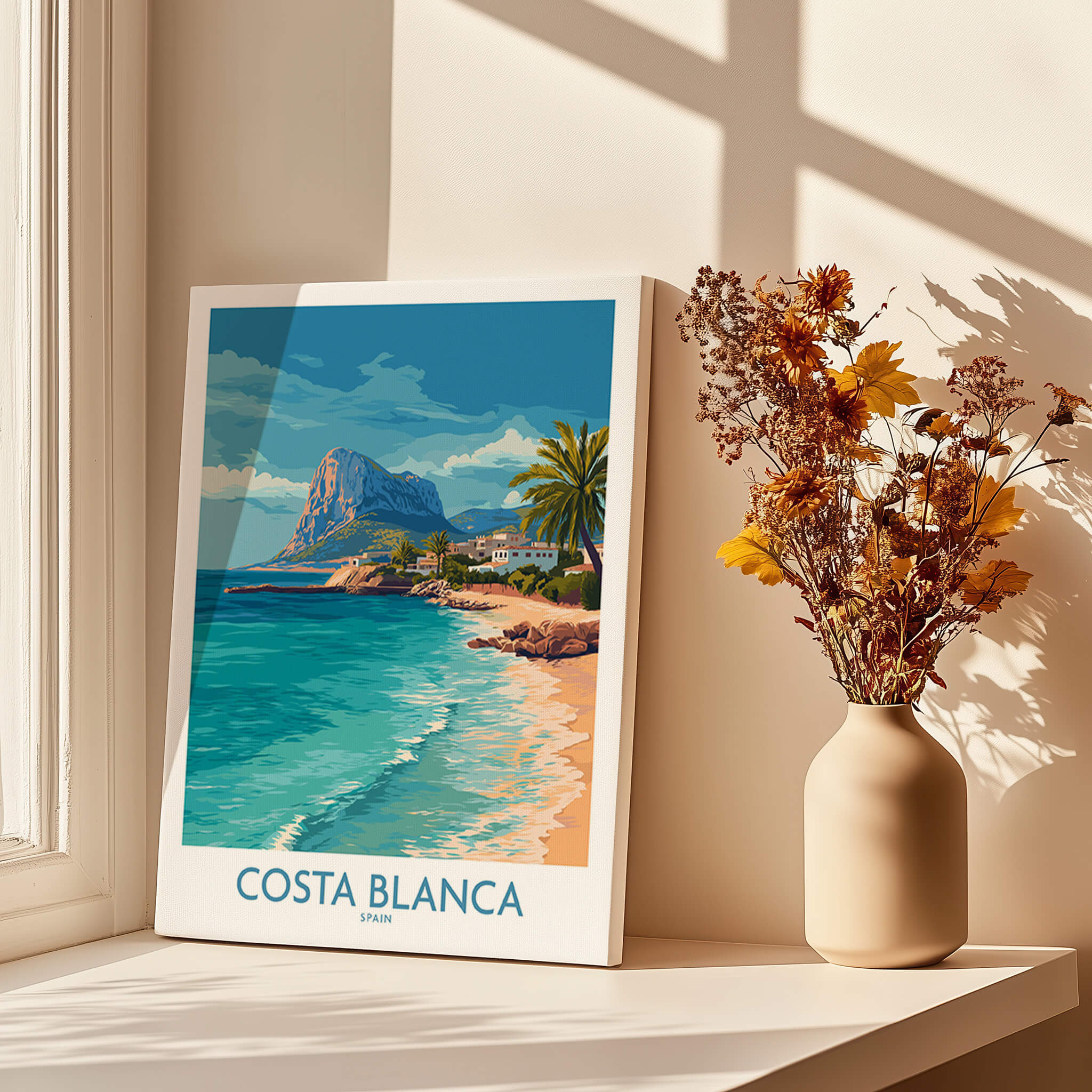 Costa Blanca Poster - Spain Wall Art showcasing coastal landscape and Mediterranean light in a stylish home setting.