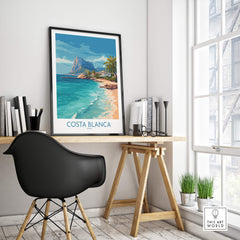 Costa Blanca Poster - Spain Wall Art displayed in a stylish home office with coastal scenery.
