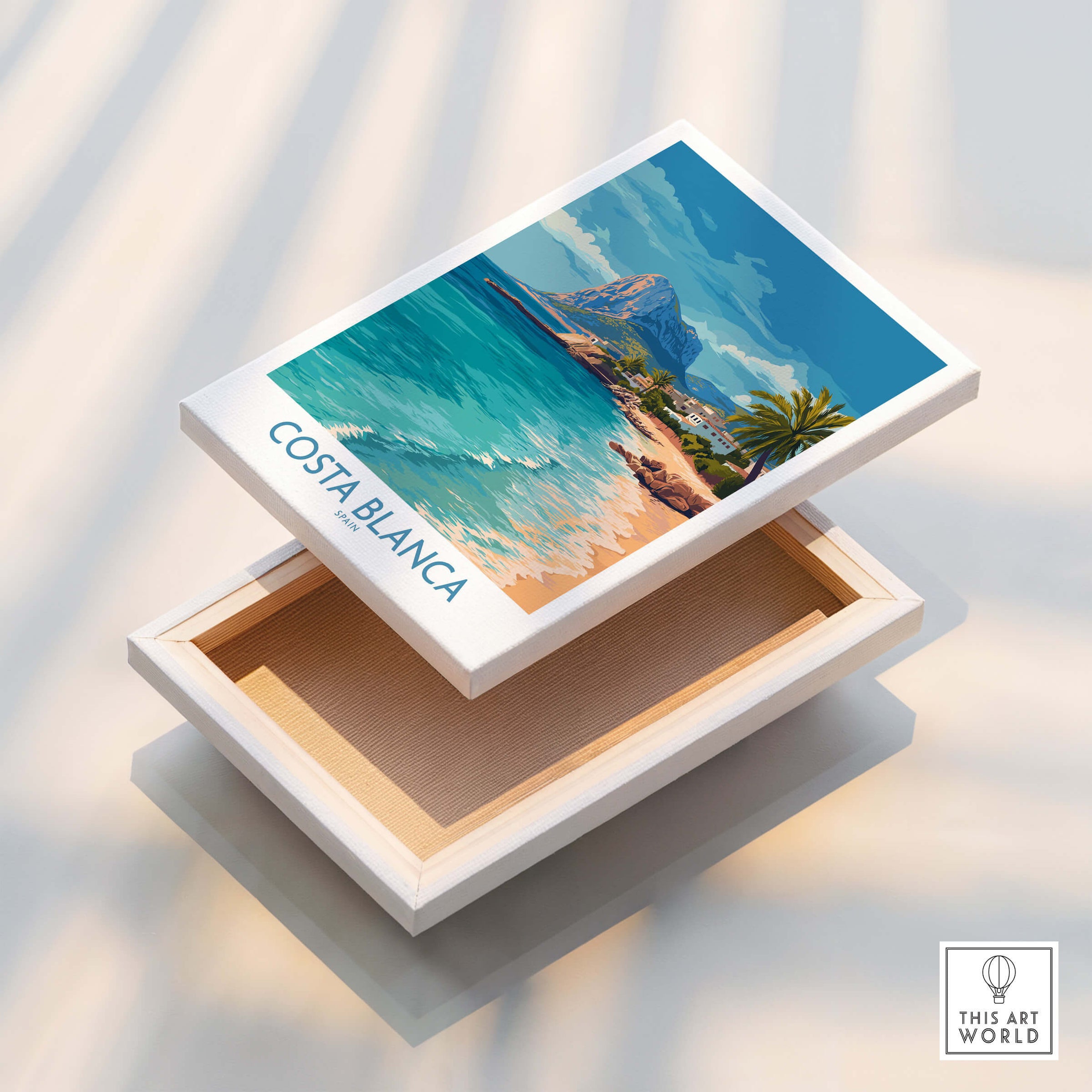 Costa Blanca Poster - Spain Wall Art featuring coastal landscapes and beaches in a stylish box design.