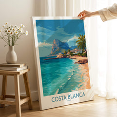 Costa Blanca Poster - Spain Wall Art featuring coastal landscape and golden beaches in a bright room.