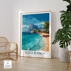 Costa Blanca Poster - Spain Wall Art featuring coastal landscape and vibrant colors in a stylish interior setting.
