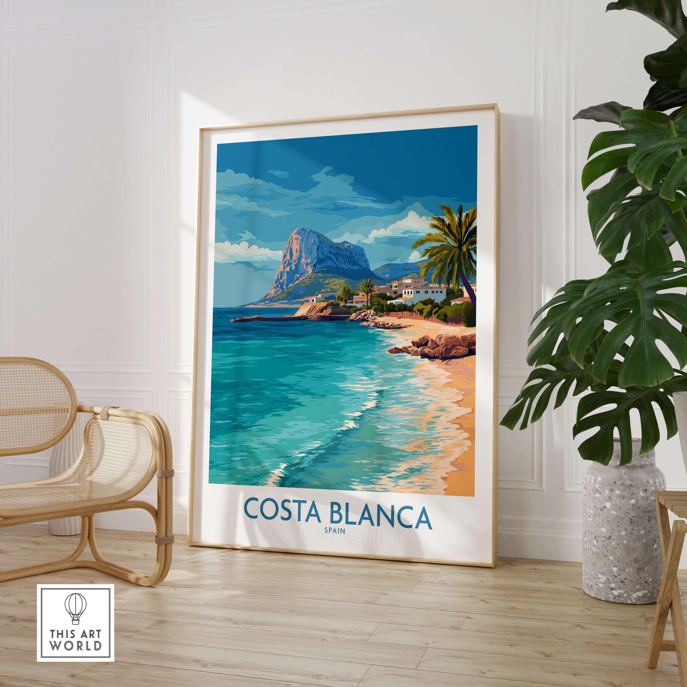 Costa Blanca Poster - Spain Wall Art featuring coastal landscape and vibrant colors in a stylish interior setting.