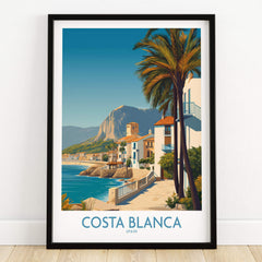 Costa Blanca Wall Art - Canvas Poster Spain featuring coastal landscape with palm trees and seaside villas.