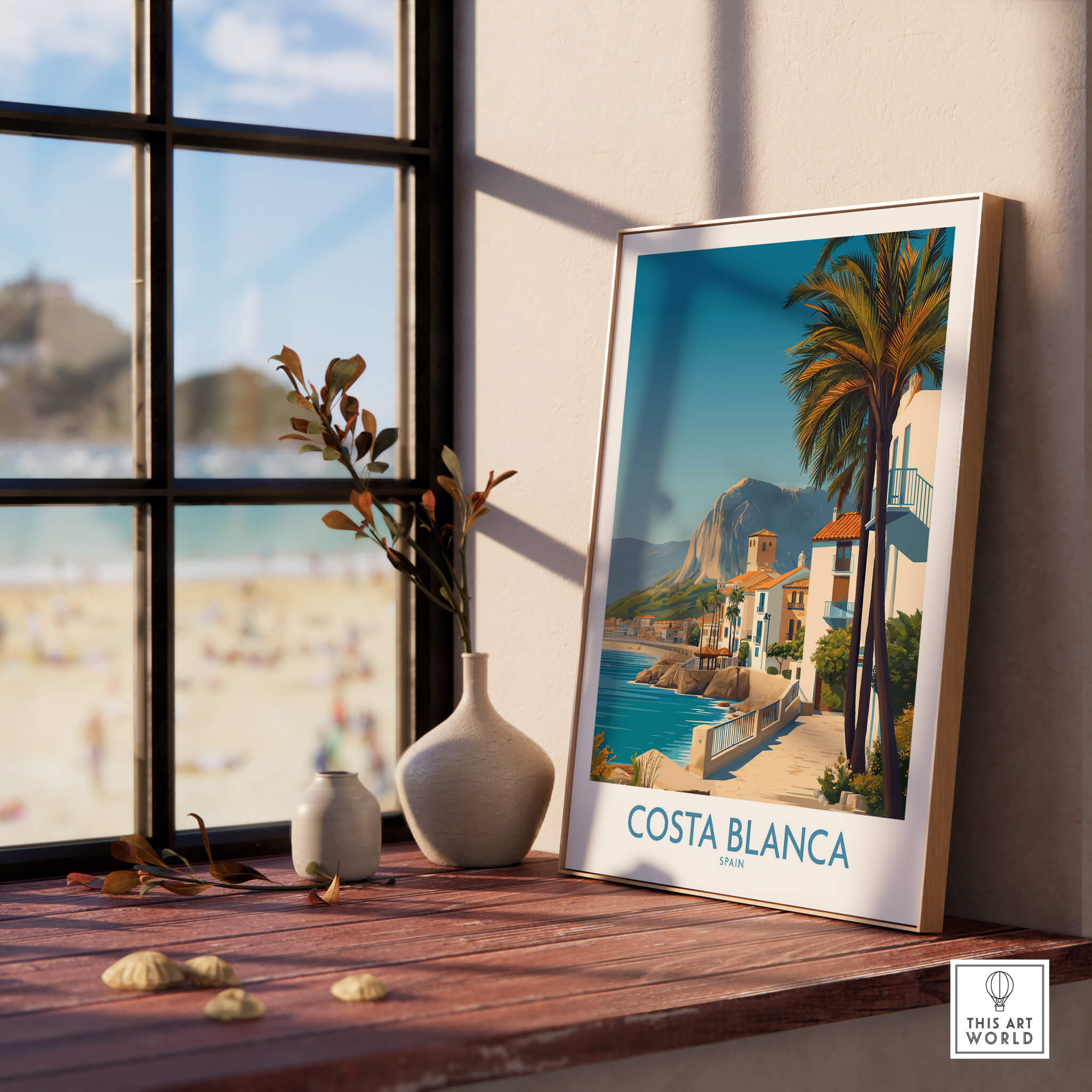 Costa Blanca Wall Art - Canvas Poster Spain displayed in a cozy interior near a window.