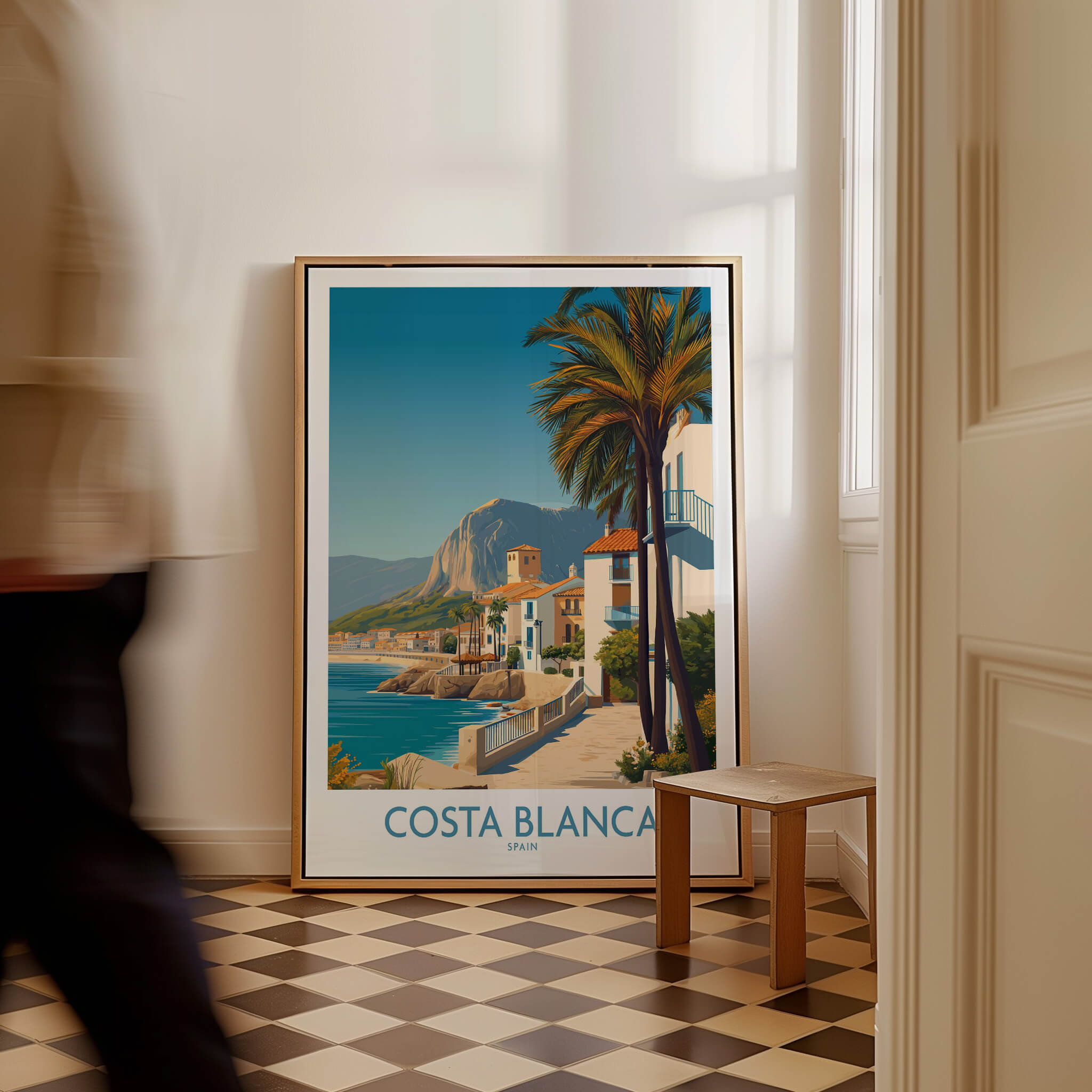 Costa Blanca Wall Art - Canvas Poster Spain displayed in a stylish interior with a palm tree and scenic coastline.