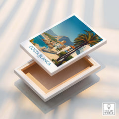 Costa Blanca Wall Art - Canvas Poster Spain displayed on a stylish presentation box, showcasing coastal scenery.