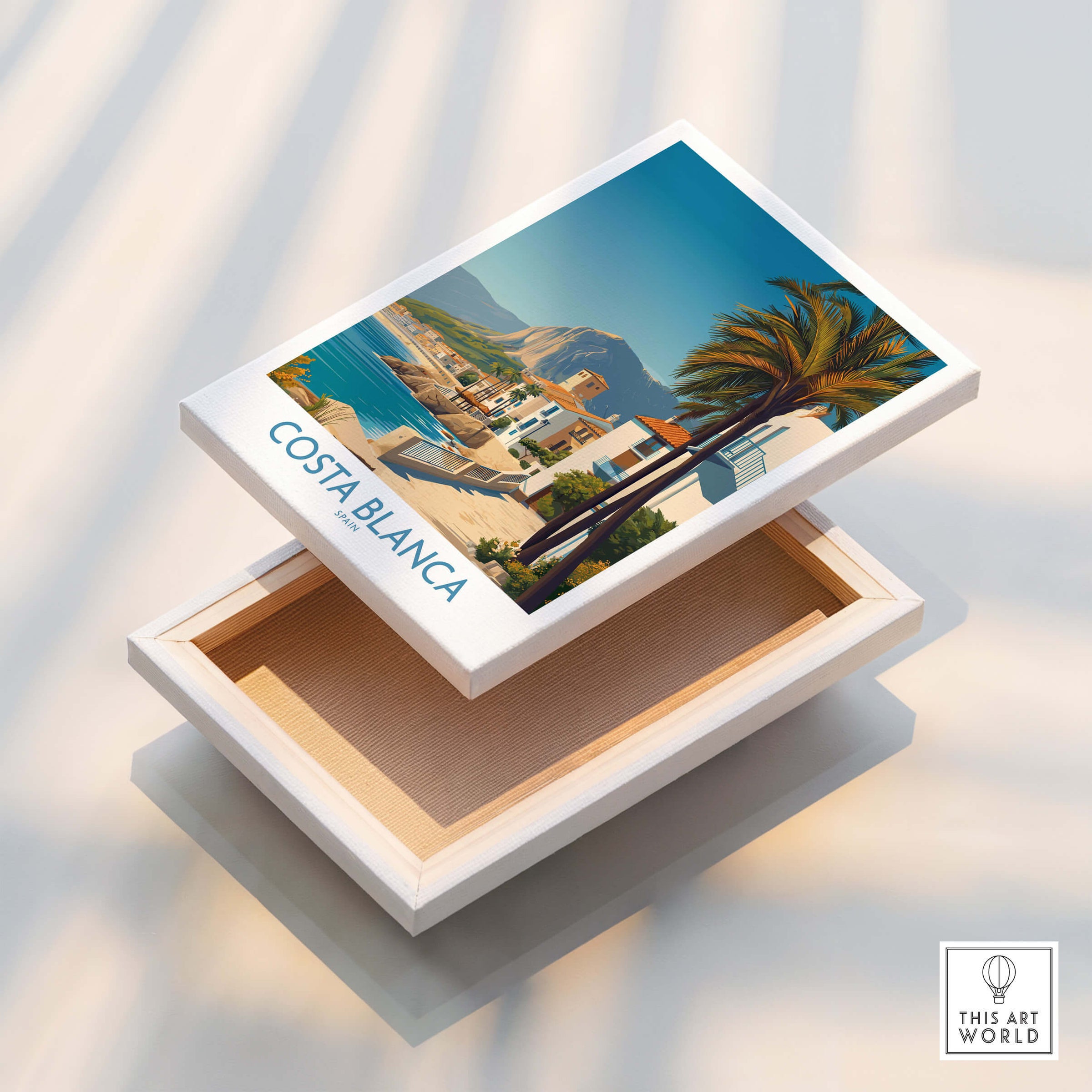 Costa Blanca Wall Art - Canvas Poster Spain displayed on a stylish presentation box, showcasing coastal scenery.