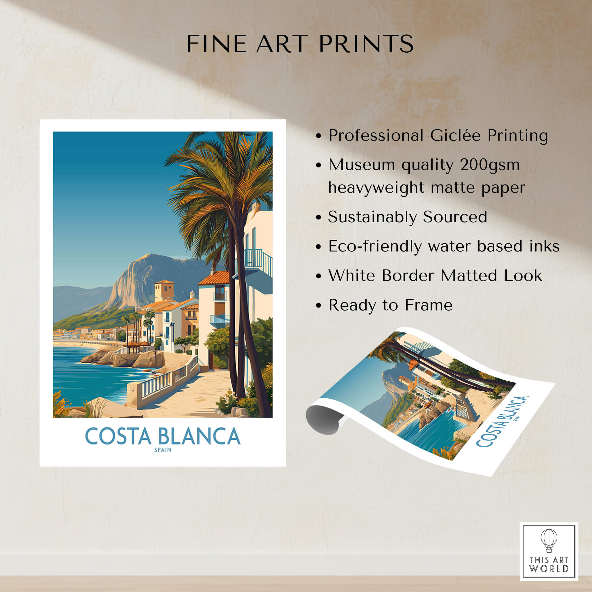 Costa Blanca Wall Art - Canvas Poster Spain featuring vibrant coastal scene and palm trees.