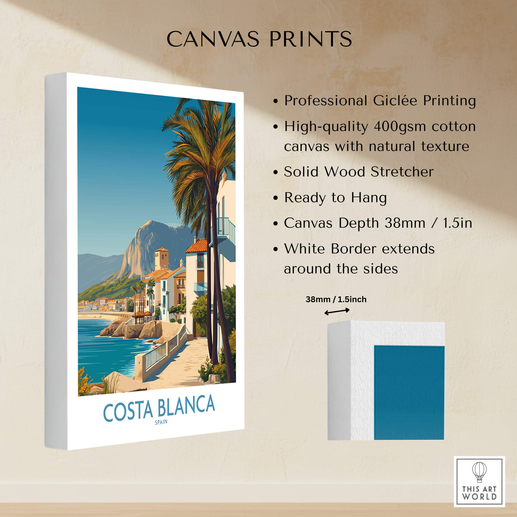 Costa Blanca Wall Art - Canvas Poster Spain showcasing professional Giclée printing and high-quality cotton canvas.
