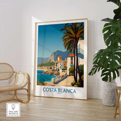 Costa Blanca Wall Art - Canvas Poster Spain featuring coastal scenery and palm trees in a stylish interior setting.