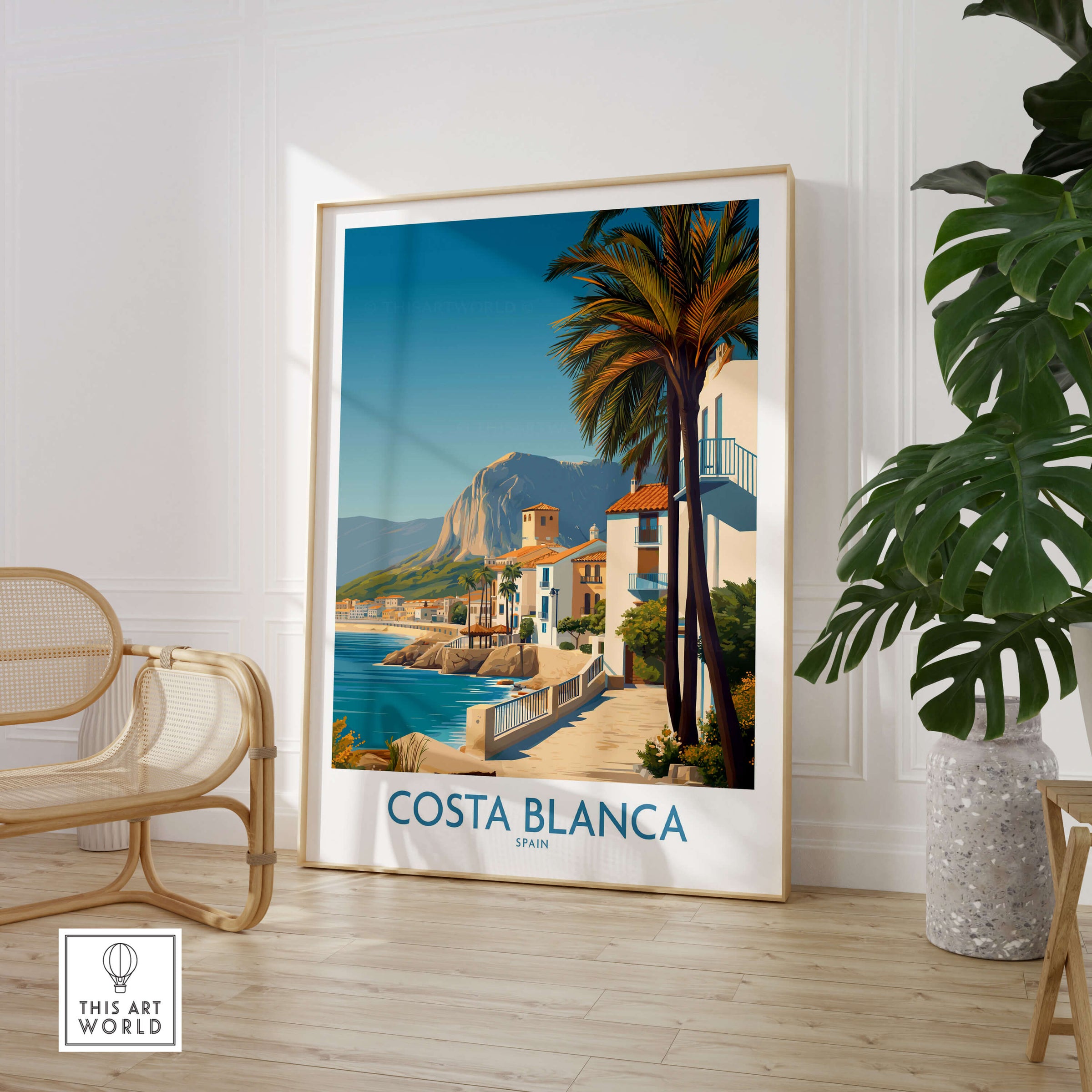 Costa Blanca Wall Art - Canvas Poster Spain featuring coastal scenery and palm trees in a stylish interior setting.