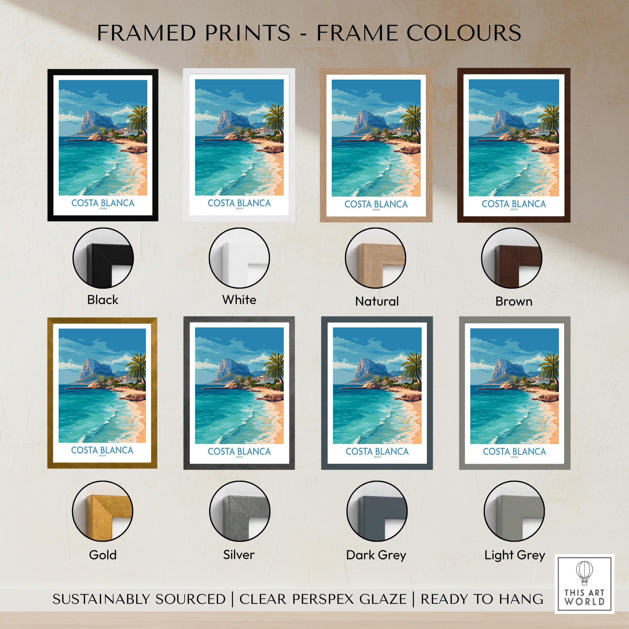 Costa Blanca Poster - Spain Wall Art framed print options in various colors including black, white, natural, and brown.