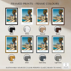 Framed prints color options for Costa Blanca Wall Art - Canvas Poster Spain including Black, White, Natural, Brown, Gold, Silver, Dark Grey, Light Grey.