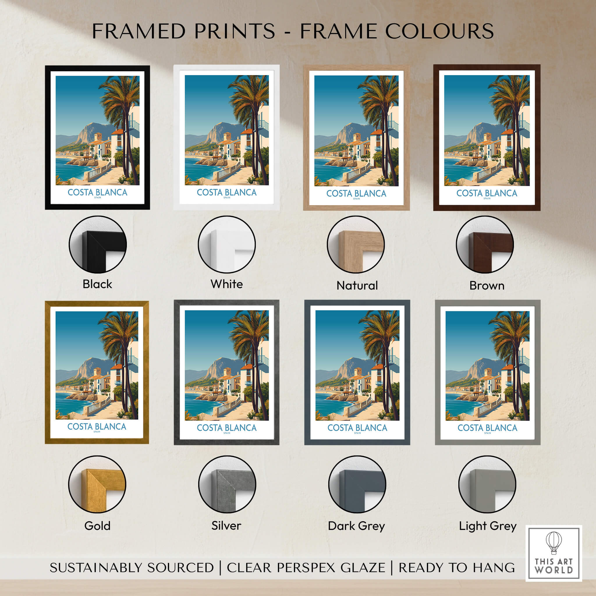 Framed prints color options for Costa Blanca Wall Art - Canvas Poster Spain including Black, White, Natural, Brown, Gold, Silver, Dark Grey, Light Grey.