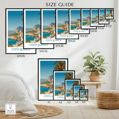 Costa Blanca Wall Art - Canvas Poster Spain size guide showcasing various frame sizes