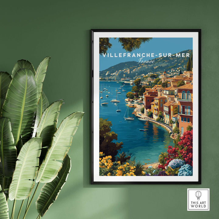 Villefranche-sur-Mer bay print showcasing colorful coastal village and serene waters, perfect for coastal home decor.