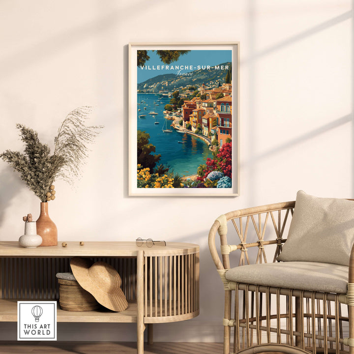 Villefranche-sur-Mer Bay poster displayed in a coastal home decor setting, capturing Mediterranean charm.