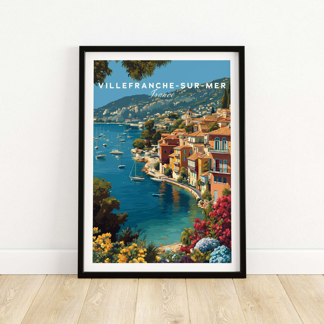 Illustrative poster of Villefranche-sur-Mer, showcasing vibrant coastal scenery and Mediterranean architecture.
