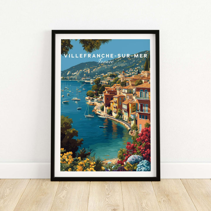 Illustrative poster of Villefranche-sur-Mer, showcasing vibrant coastal scenery and Mediterranean architecture.