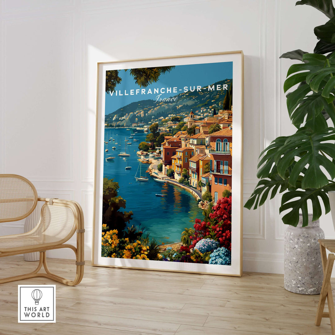 Villefranche-sur-Mer Bay poster framed in a cozy room with coastal decor and plant, celebrating Cote d'Azur beauty.
