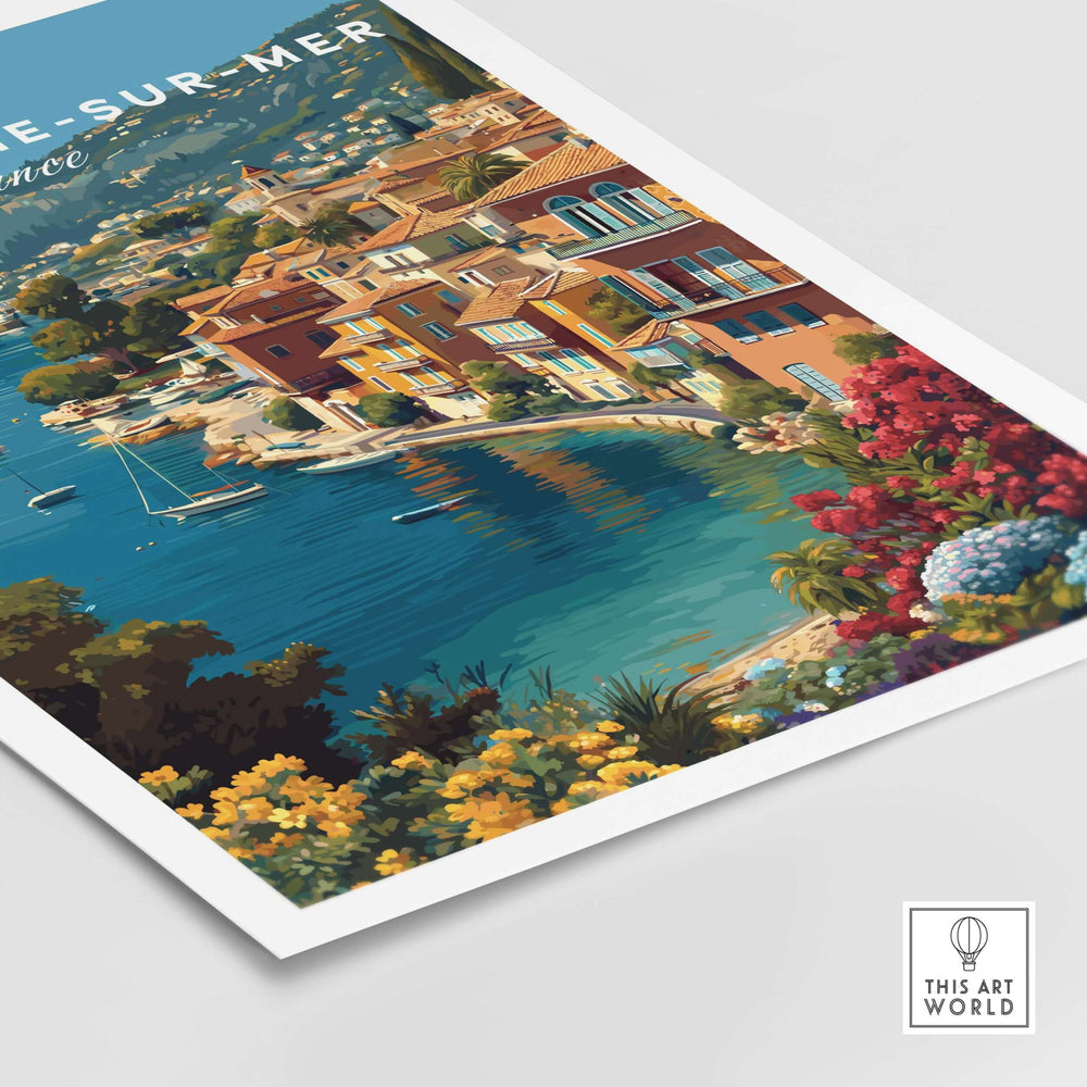 Cote d'Azur Village Print depicting Villefranche-sur-Mer Bay, showcasing colorful coastal homes and vibrant sea view.