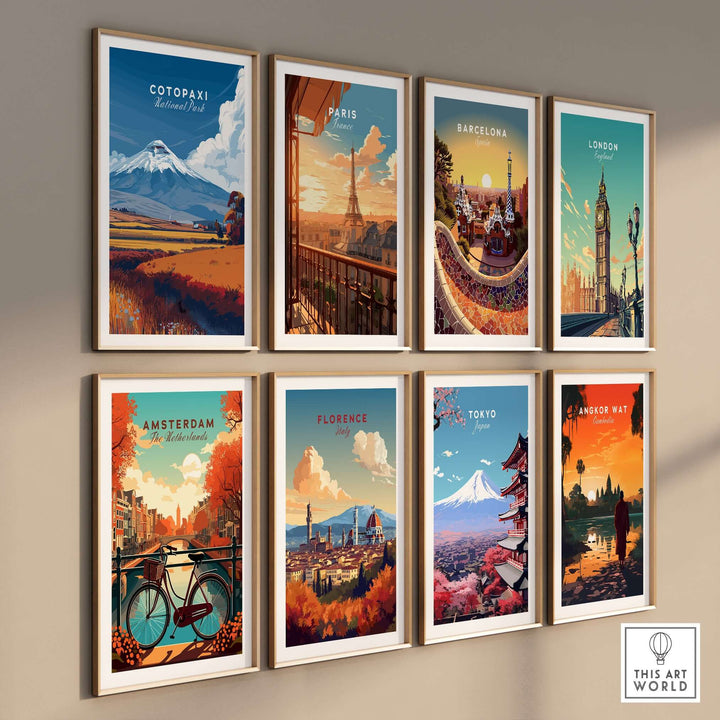 Wall art featuring travel posters of Cotopaxi, Paris, Barcelona, London, Amsterdam, Florence, Tokyo, and Angkor Wat.