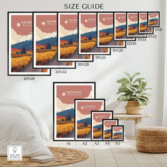 Cotopaxi National Park Ecuador Road Travel Print Volcano Landscape Poster Wall Art size guide showing various print sizes.