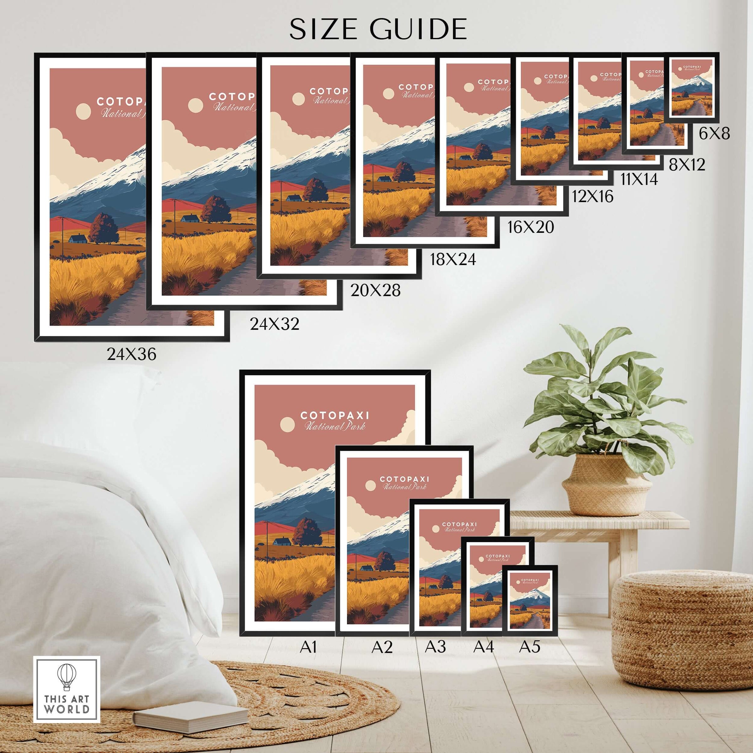 Cotopaxi National Park Ecuador Road Travel Print Volcano Landscape Poster Wall Art size guide showing various print sizes.