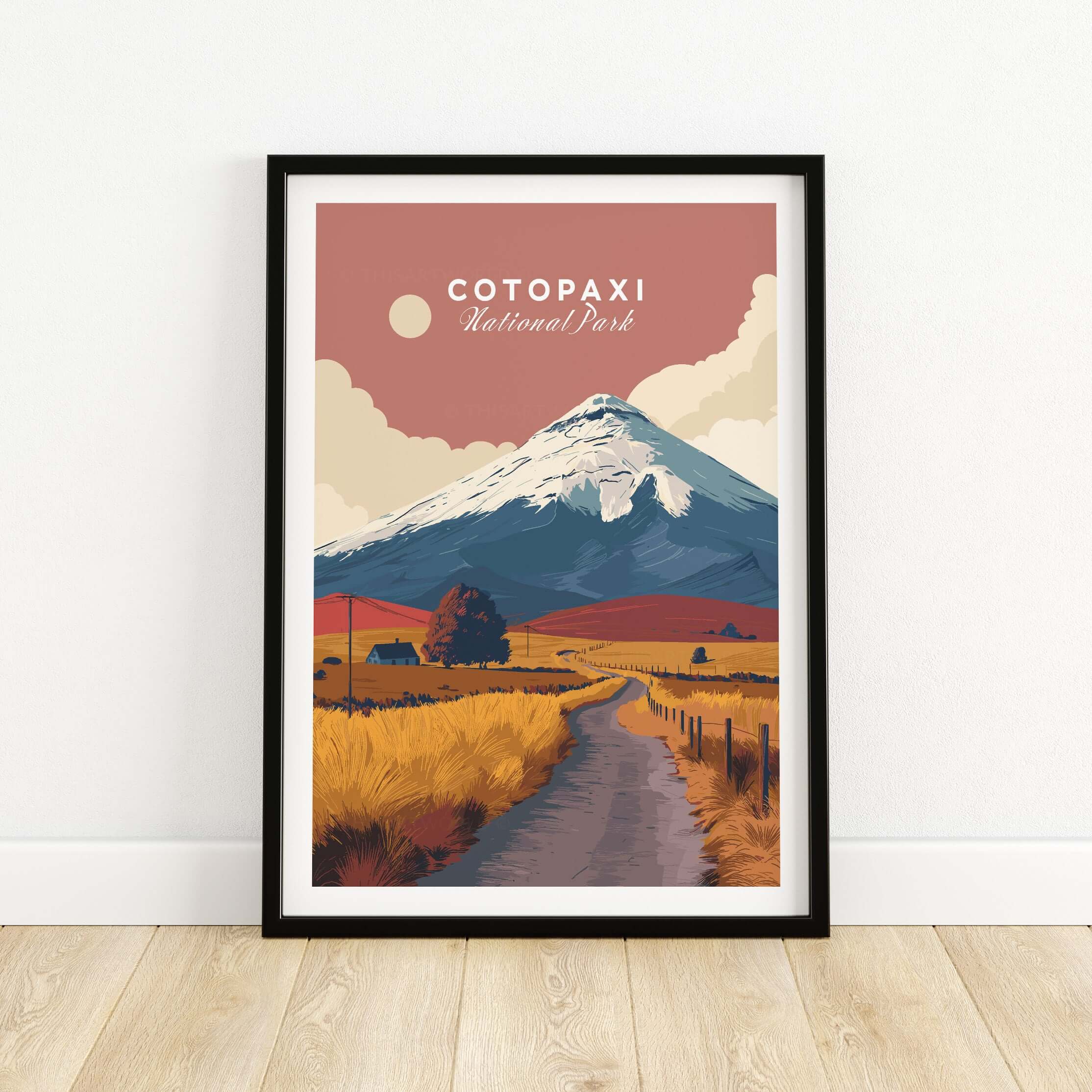 Cotopaxi National Park Ecuador Road Travel Print Volcano Landscape Poster Wall Art featuring Cotopaxi volcano and rustic road.
