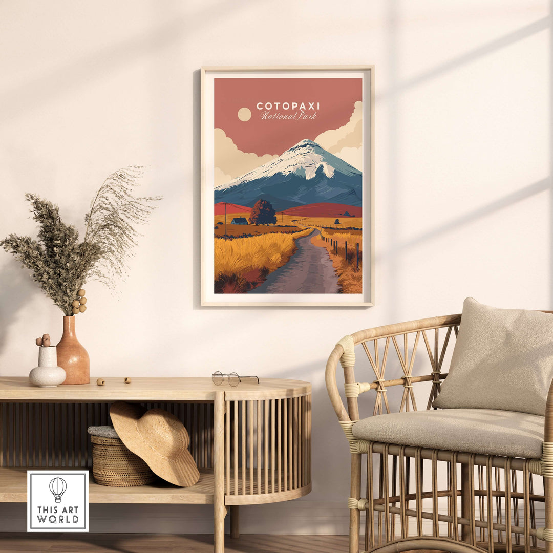 Cotopaxi National Park travel print poster featuring a scenic road and snow-capped volcano in Ecuador.