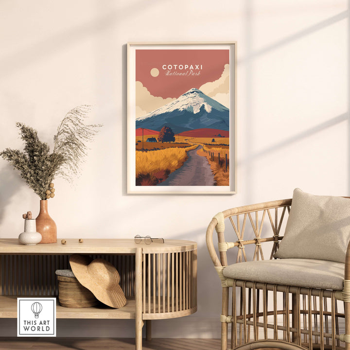 Cotopaxi National Park travel print poster featuring a scenic road and snow-capped volcano in Ecuador.