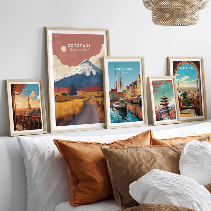 Framed travel posters including Cotopaxi National Park landscape art, showcasing various global destinations.