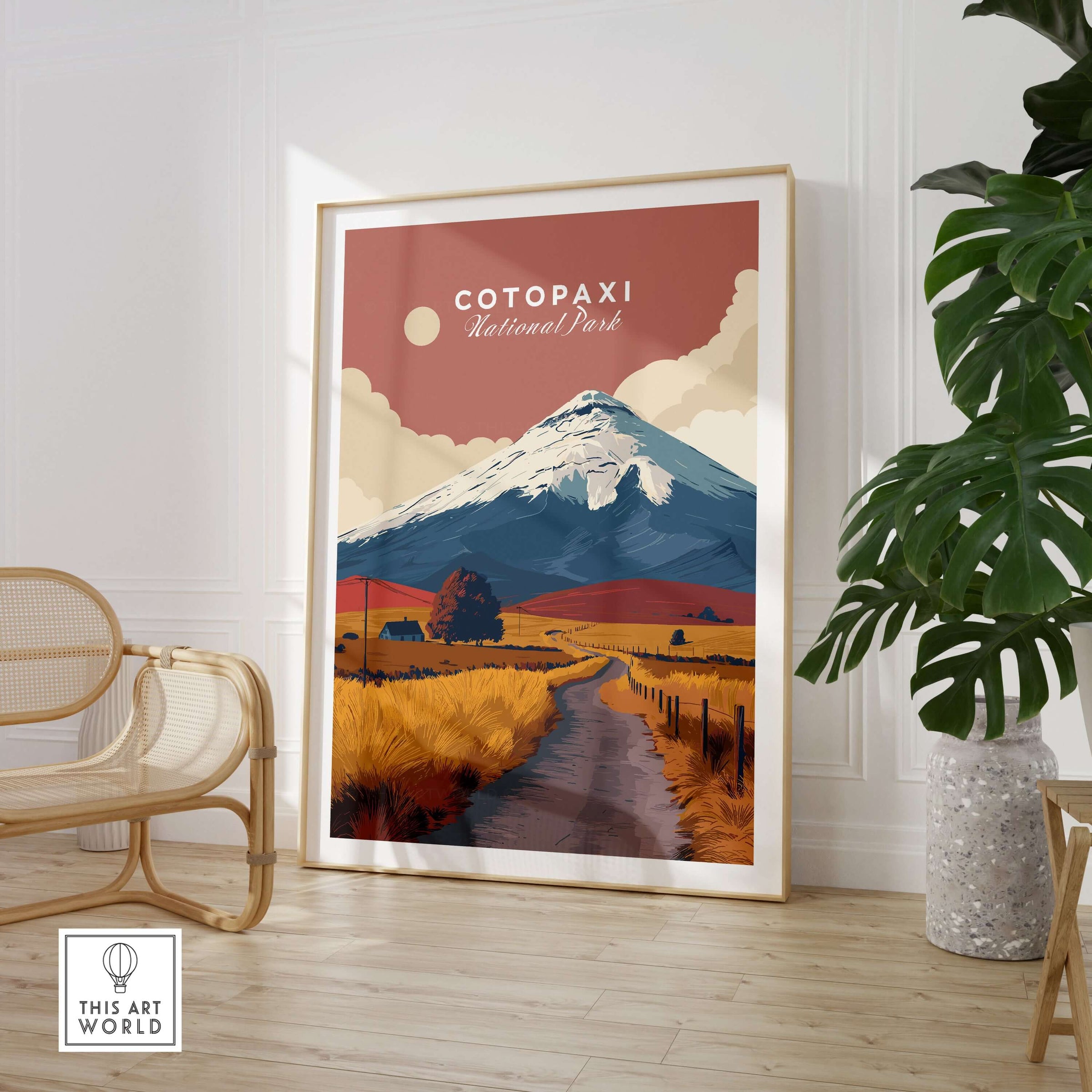 Cotopaxi National Park Ecuador Road Travel Print Volcano Landscape Poster Wall Art displayed in a modern home interior.