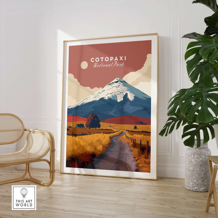 Cotopaxi National Park poster featuring a winding road and majestic volcano, perfect wall art for nature lovers.