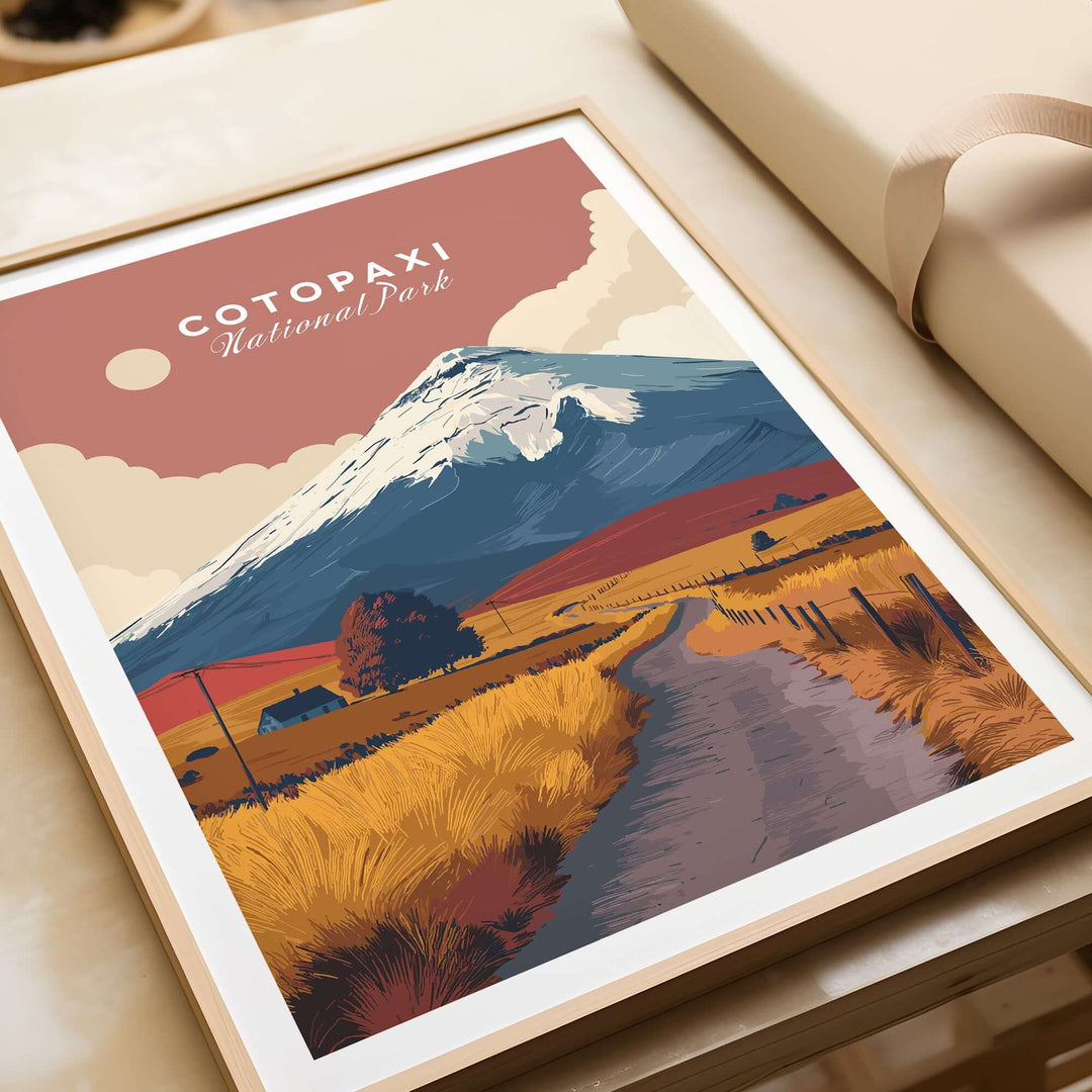 Cotopaxi National Park wall art print featuring a road leading to the volcano under a warm sky.
