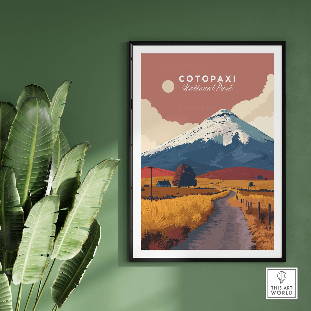 Cotopaxi National Park travel print featuring a winding road and volcano under a warm sky, perfect wall art for nature lovers.
