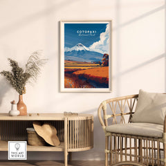 Cotopaxi National Park Ecuador Travel Print Volcano Landscape Poster Wall Art Decor featuring the iconic Cotopaxi volcano.