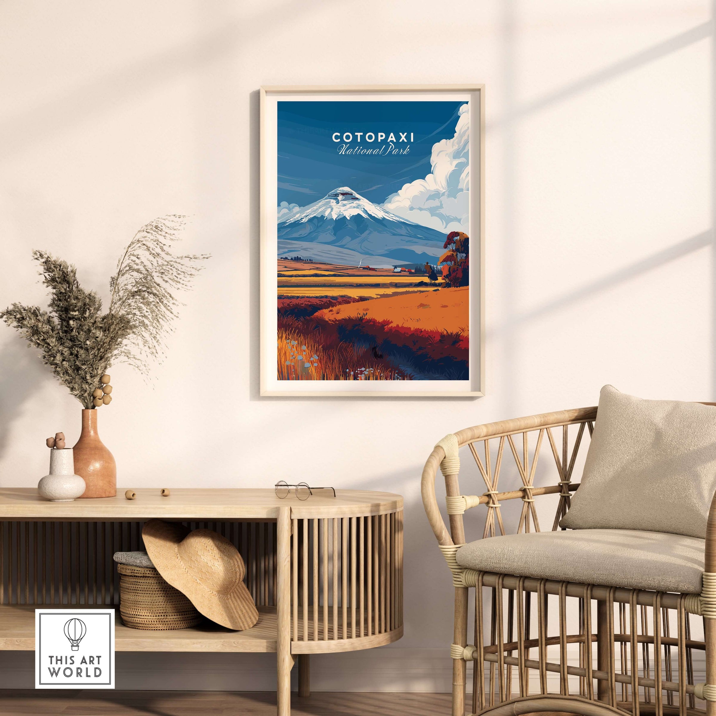Cotopaxi National Park Ecuador Travel Print Volcano Landscape Poster Wall Art Decor featuring the iconic Cotopaxi volcano.